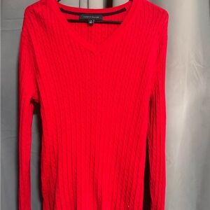 Tommy Hilfiger Red Cable Knit V-Neck Sweater